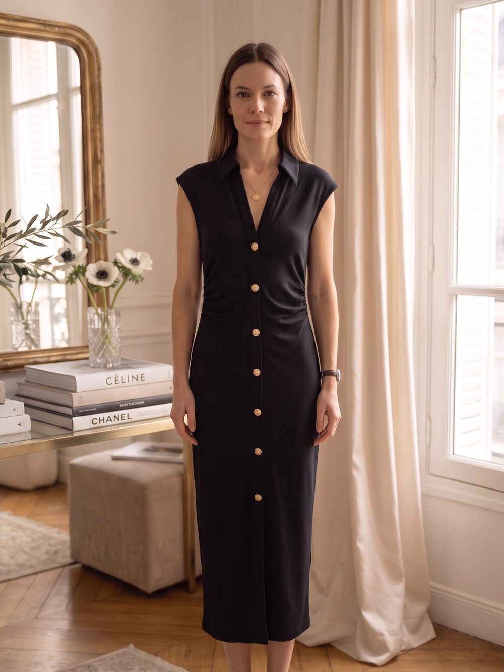 Zara Black Midi Dress with Gold Buttons